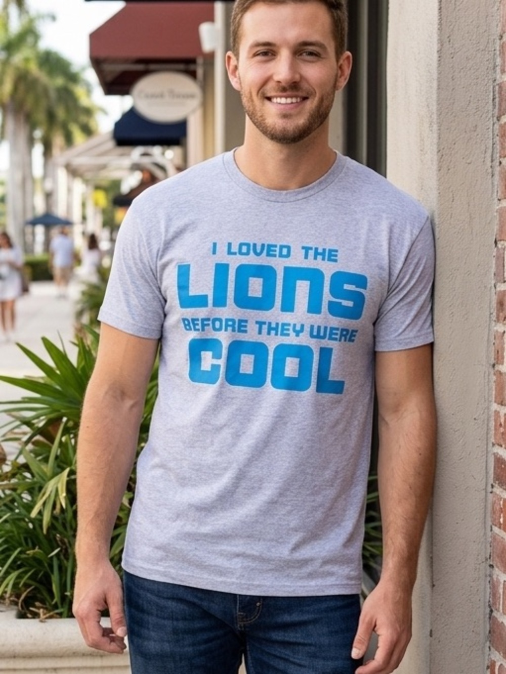 Vintage Grey Tee with Bright Blue 'LIONS COOL' Graphic